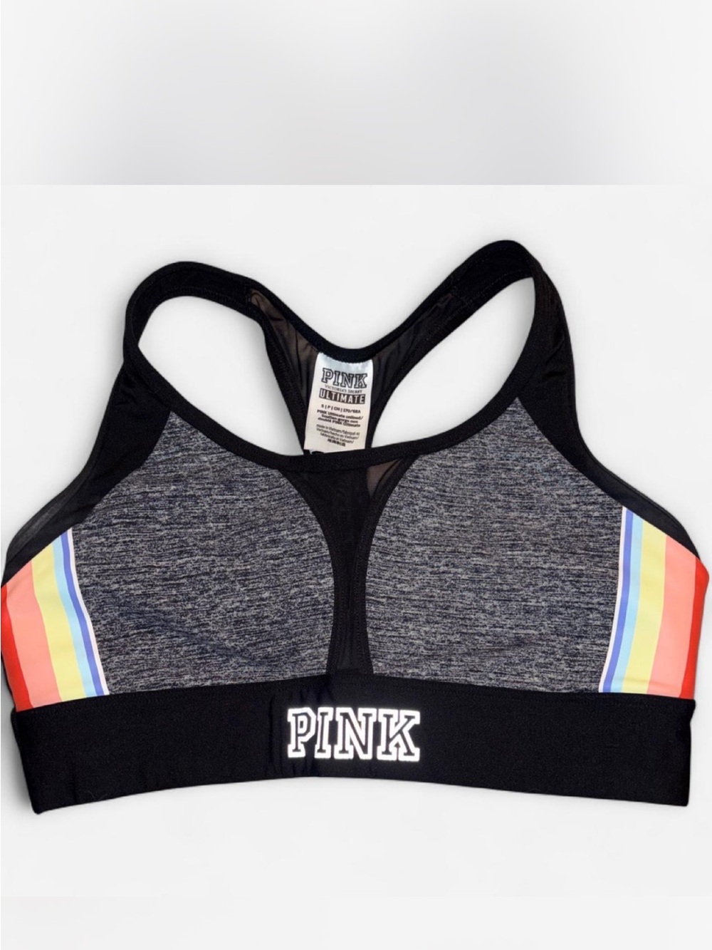 PINK Victoria's Secret Black & Gray Racerback Sports Bra with Rainbow Accents